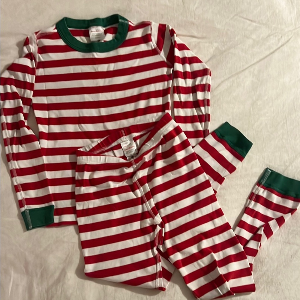 Red and White Striped Kids Pajamas with Green Accents
